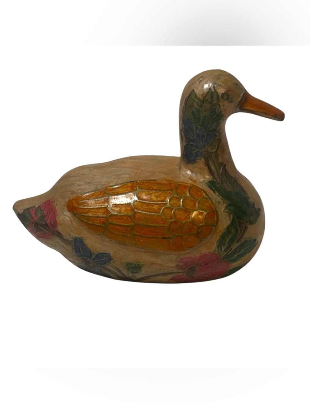 VTG Brass Cloisonne Duck Hand-Enameled Floral Design Chinoiserie Decoy MCM